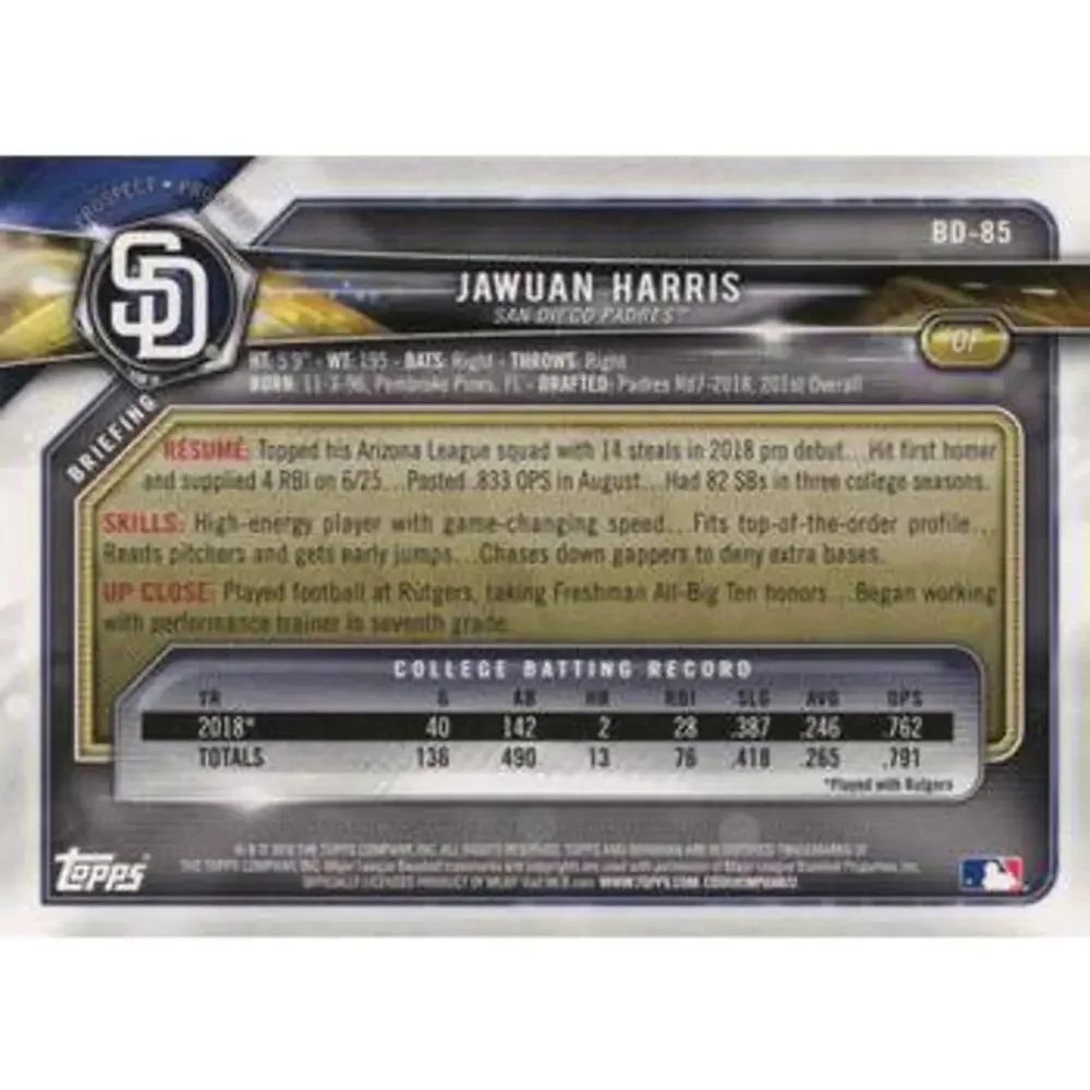 2018 Bowman Draft Jawuan Harris FBC BD-85 San Diego Padres